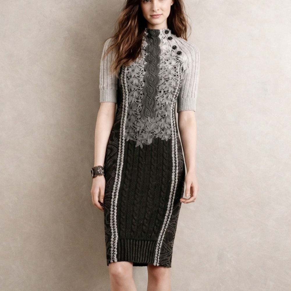 Byron Lars Beauty Mark Women's Mixed Media Lace Cable Knit Sweater Dress NWOT 8